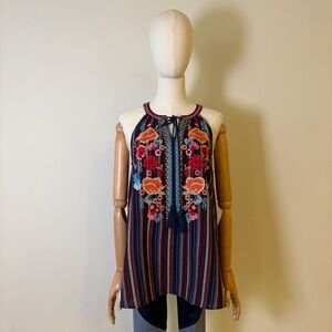 NWT Savanna Jane Striped Floral Embroidered Linen Blend Top - S